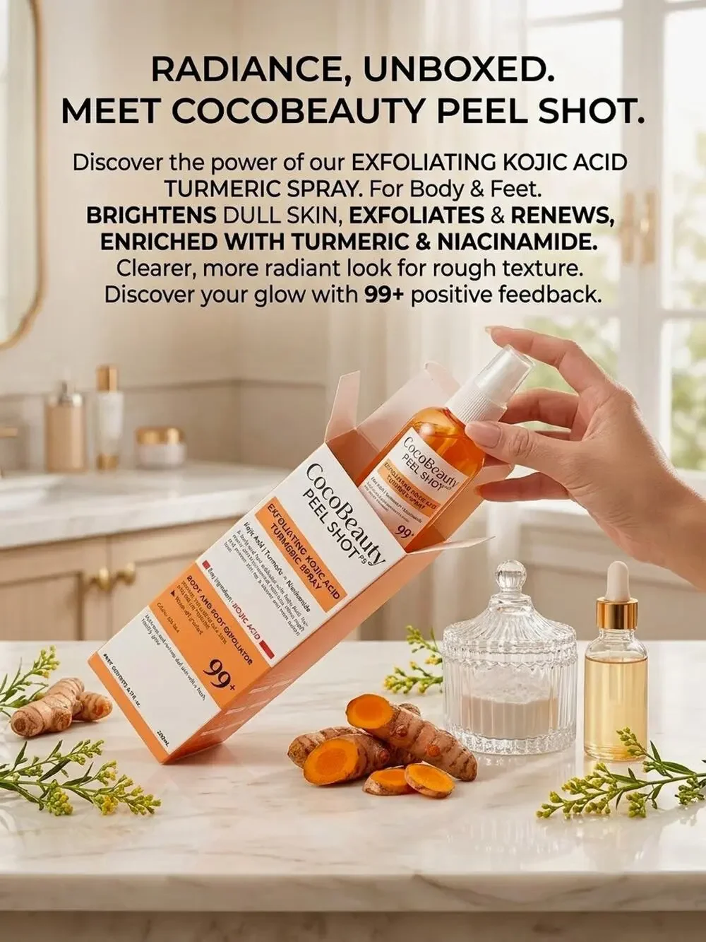 CocoBeauty Peel Shot Exfoliating Kojic Acid Turmeric Spray Body/Feet 6.76oz